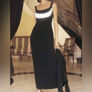 Daymor Petite Couture black white beaded maxi dress